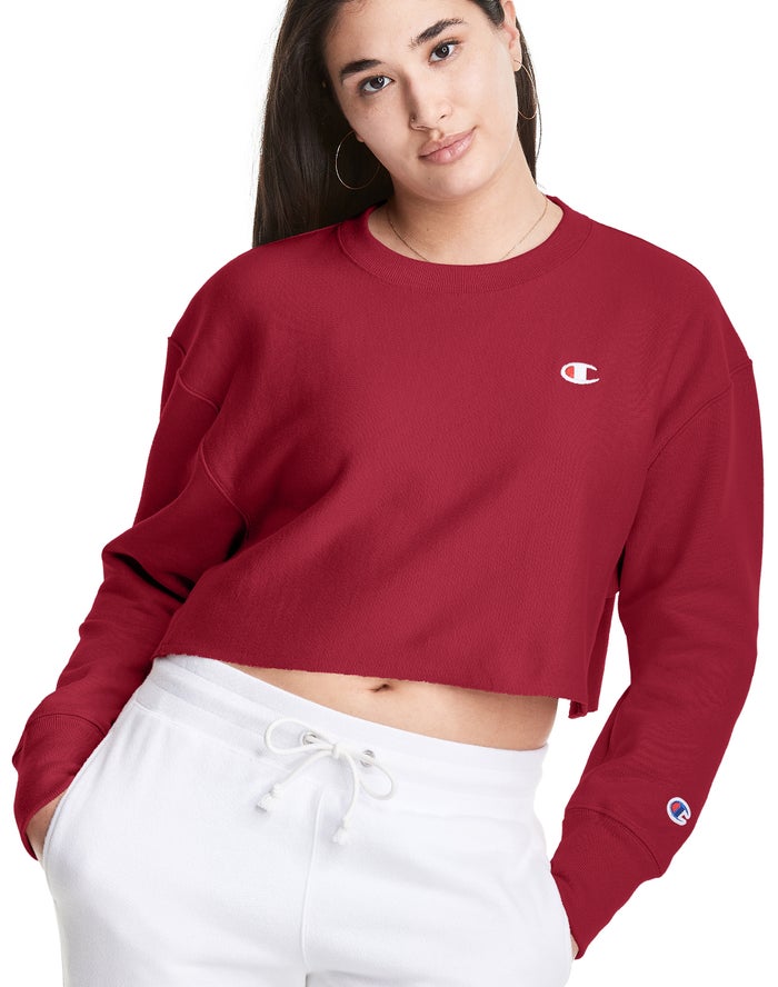 Champion Reverse Weave Cropped Cut-Off Crew Sweatshirt Dames - DonkerRood - Belgie 0412VJPFI